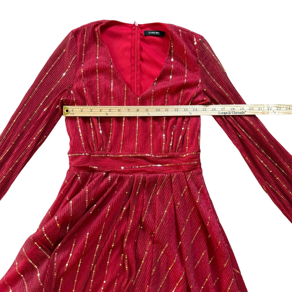 Chic Me Red Gold Sequin Stripe Dress Large V-Neck Long Sleeve Pleated Holiday - Picture 6 of 11